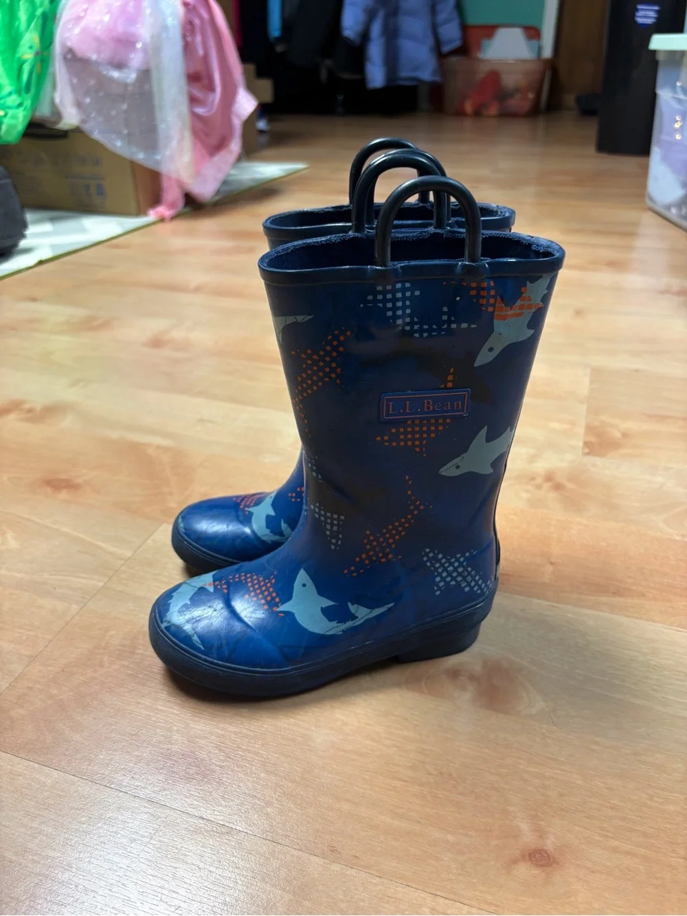 L.L.Bean Navy Blue Shark Print Rubber Rain Boots Waterproof Toddler Kids Size 12